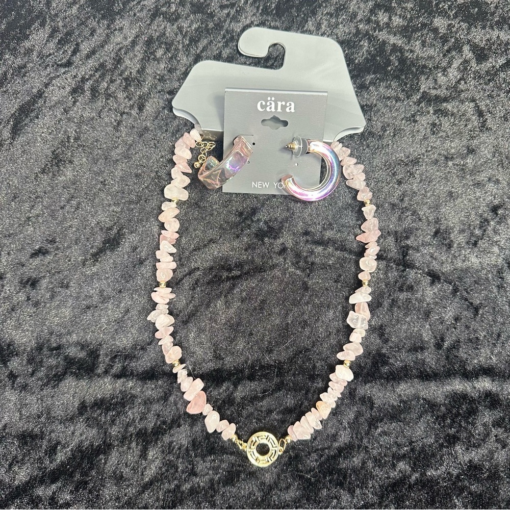 Cara Iridescent Hoop Earring and Soft Pink Stone Necklace Bundle